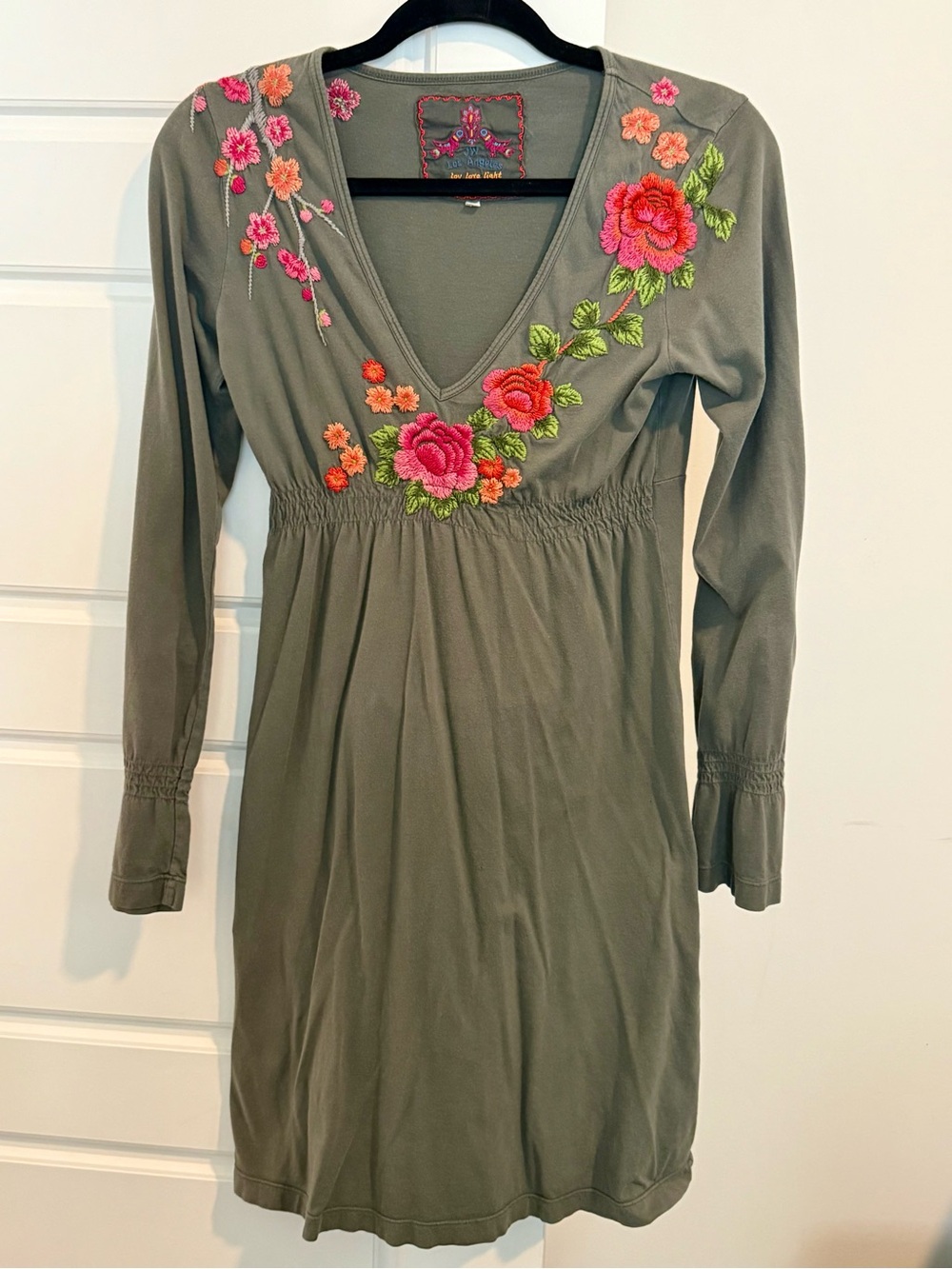 Olive Floral Embroidered V-Neck Dress